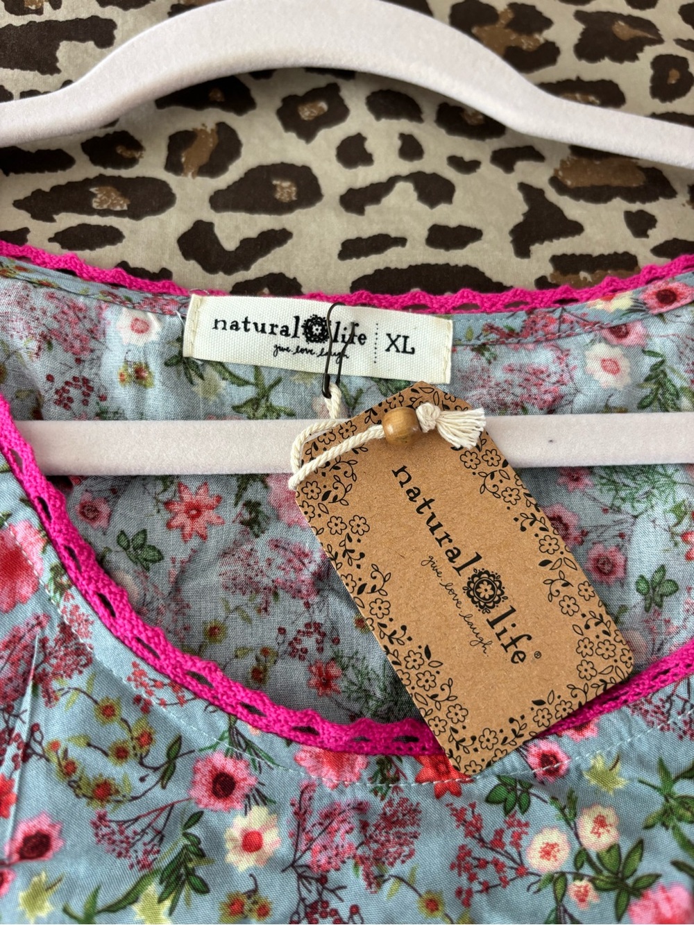 NATURAL LIFE Light Blue Floral Top with Pink Trim - Picture 3 of 3
